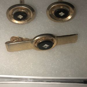 Diamond Cufflinks/ Tie Bar Vintage Genuine Diamond Onyx